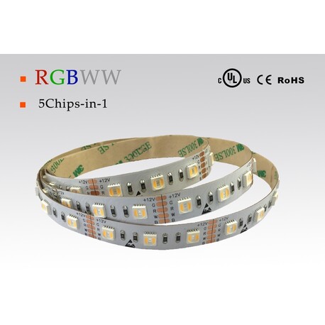 LED riba RGBWW, 2×väga soe valge, 2000 °K, 12 V, 24 W/m, IP20, 5050